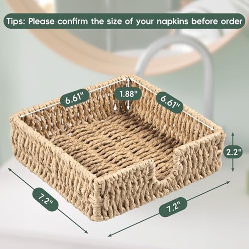 Napkin Holder for Table, Woven Paper Rope Napkin Holders For Paper Napkins, Wicker Napkin Holders for Kitchen Dinner Table Boho Decor and Accessories, Square Napkin Basket and Serving Tray