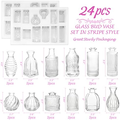 Bud Vases in Bulk 24, Small Glass Vase for Table Centerpieces | Vintage Vases Mini Clear Single Flower Vase Bulk for Wedding Decor Rustic Decorative Christmas Vases Set Home Decorations