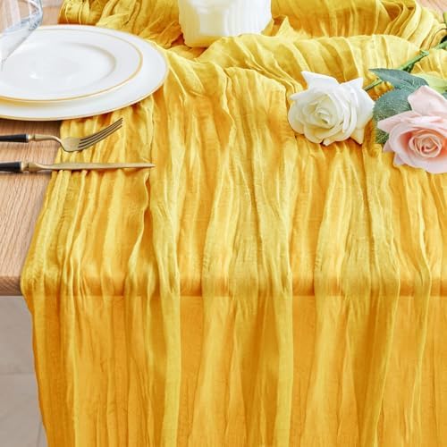 Wokceer Cheesecloth Table Runner Gold 10FT Boho Gauze Runner for Party
