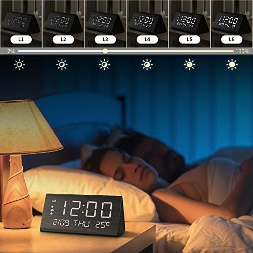 JALL Digital Alarm Clock, with Wooden Electronic LED Time Display, 3 Alarm Settings, Weekday/Weekend Mode, Temperature Detect, Wood Made Electric Clocks for Office, Bedroom, Bedside (Black)