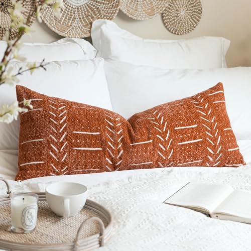 BlissBlush Boho Lumbar Throw Pillow Cover 14X36, Brick Red Decorative Long Accent Body Lumbar Pillow for Bed, Farmhouse Woven Soft Chenille Textured Lumbar Pillowcase for Couch (Cover ONLY)