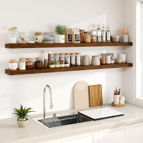 Fun Memories 72Inch Floating Shelves,Wall Mounted Rustic Wood Floating Shelf with Invisible Brackets for Storage & Decor,2 Pack Shelves for Bathroom,Bedroom and Kitchen,Brown