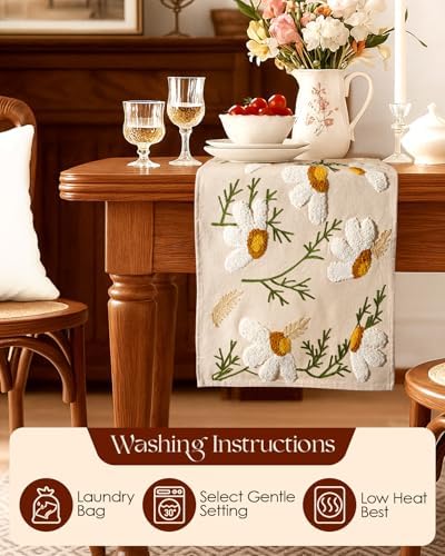 Canvas Embroidered Narrow 13"x 108" Table Runner, Beige Daisy