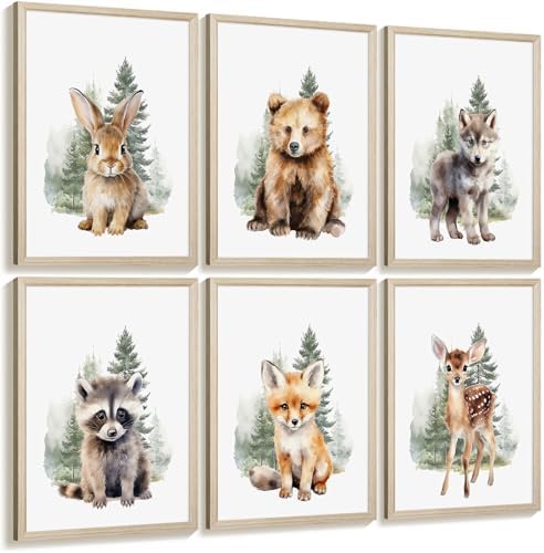 Woodland Animal Nursery Wall Art Decor Set of 6 Baby Boys Room Wall Art Forest Animal Canvas Wall Decor Kids Art Prints Watercolor Bear Deer Fox Pictures Artwork for Bedroom 8x10 Inch Framed