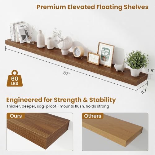 Fun Memories 67 Inch Fireplace Mantel Set of 2, Long Floating Shelf for Bedroom|Living Room, Wall Mounted Farmhouse Display with Invisible Heavy Duty Metal Bracket, Walnut
