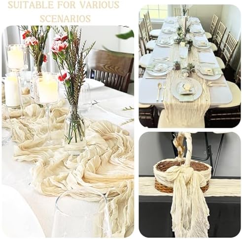 4 Pack 120 Inch Beige Cheesecloth Table Runner Boho Rustic Gauze Sheer Romantic 10 FT Long Cheese Cloth Table Runner for Bridal Baby Shower Wedding Party Birthday Holiday Home Easter Decor