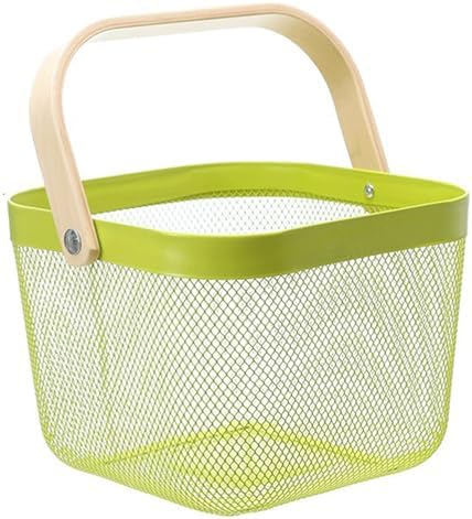 AJIODA Metal Mesh Steel Basket, Storage Organizer Basket Multi-functional Hanging Kitchen Baskets Fruit Basket with Wooden Handle for Kitchen Bathroom Picnic Shopping Decor Cabinet Home, Macaron Green