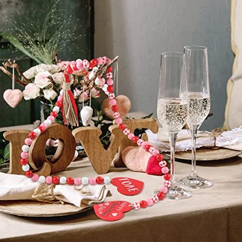 2 Pieces Valentines Day Wood Bead Garland with Tassels,Rustic Wooden Beads Garland Hanging Wooden Love Heart Ornaments Tiered Tray Decorations Wall Hanging Decor