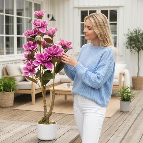 37" Artificial Magnolia Tree in White Planter, 2 Pack Realistic Magnolia Grandiflora with 12 Lifelike Flowers, 3.1FT Fake Potted Plant for Home Office Decor Indoor Outdoor
