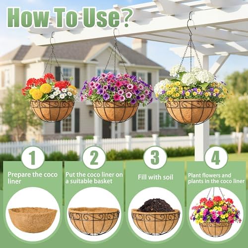 4 Pack 12 Inch Hanging Baskets for Plants Outdoor Metal Hanging Planters Round Hanging Flower Pots with Coco Coir Liner Plant Holder for Outdoor Patio Garden Balcony Decor - Flower Border