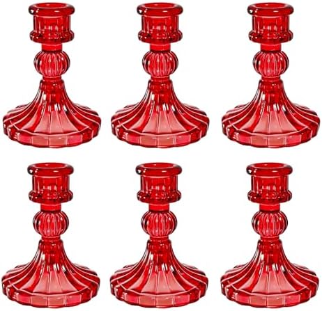 Red Glass Candlestick Holders, Taper Candle Holders, Set of 6