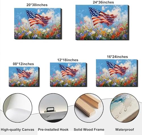 RIBNTAK Made in USA 4th of July Canvas Print Wall Art, Impressionist American Flag & Wildflowers Painting Artwork for Living Room, Patriotic Independence Day Pictures, Americana Home Decor