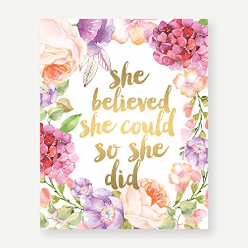 Eleville Unframed She Believed she Could so she did Real Gold Foil and Floral Watercolor Art Print Kids Art Quote Teen Room Wall Art Nursery Decor Motivational Inspirational Print WG089 (8X10 inch)