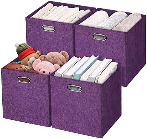 Posprica Storage Basket Bins,13×13×13 Foldable Storage Cube Boxes Fabric Drawer for Closet Shelf Cabinet Bookcase - Set of 4, Purple