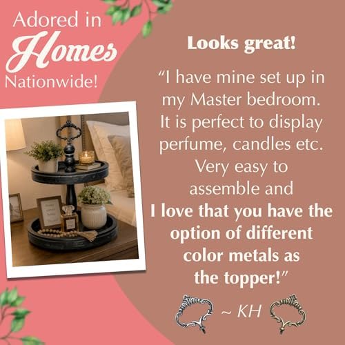 2 Tiered Tray Stand [Includes 3 Changeable Handles] - Rustic Cupcake Stand, Coffee Table Tiered Serving Tray for Kitchen Counter, Stunning Rustic Home Decor, Display Fruits, Plants, Candles (Black)