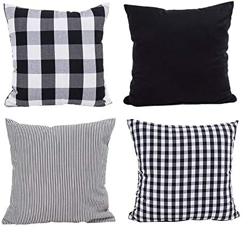HOPLEE Black Throw Pillow Covers Farmhouse Black and White Pillow Covers Buffalo Plaid Stripe and Gingham Design Set of 4
