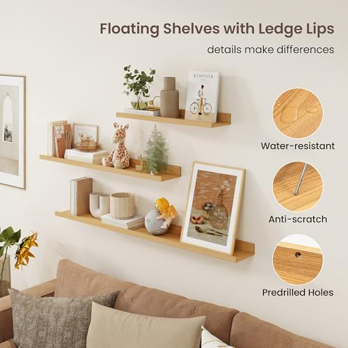 Axeman 30 Inch Floating Shelves, Oak Picture Ledge Shelf Set of 3