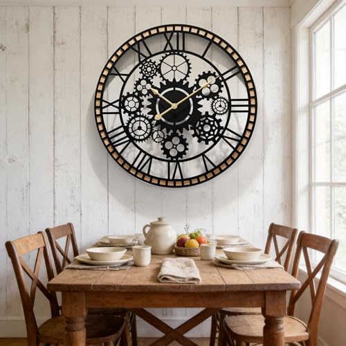 Large Farmhouse Wall Clocks for Living Room ,Gears Large Round Wall Clock