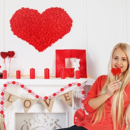 2 Pieces Valentines Day Wood Bead Garland with Tassels,Rustic Wooden Beads Garland Hanging Wooden Love Heart Ornaments Tiered Tray Decorations Wall Hanging Decor