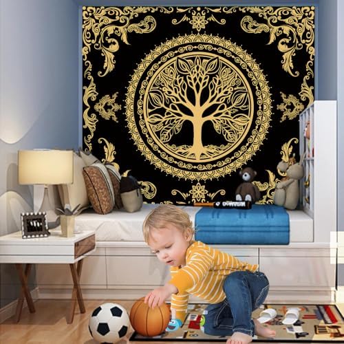 Black Golden Boho Tapestry for Bedroom, Hippie Tree of Life Wall Tapestries