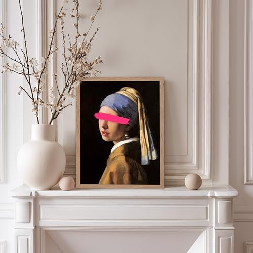 Poster Master Girl with a Pearl Earring Painting Print - Baroque Portrait Poster - Altered & Pop Art - Gift for Men & Women - Decor for Bedroom, Living Room or Office - 11x14 Beige Framed