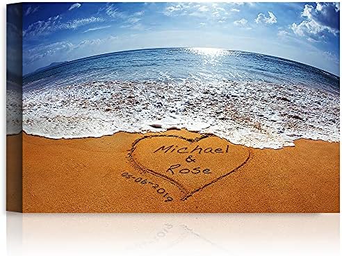 A&T ARTWORK Sand Writing Personalized Art Canvas Prints Gift,includes Names and the Special Date Unique Gift for the Wedding Anniversary 24x16 inches