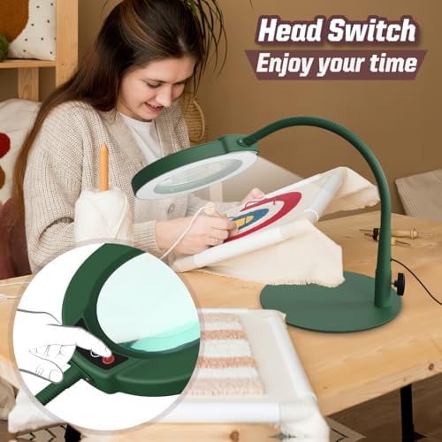 10X Magnifying Glass with Light and Stand, 5 Color Modes Stepless Dimmable LED Lighted Desk Lamp, Hands Free Flexible Gooseneck Magnifier with Light for Craft Hobby Painting Close Work - Green