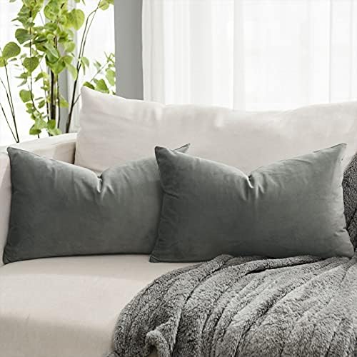 Grey Decorative Lumbar Velvet Throw Pillow Covers 12x20 inch Set of 2 with Zipper Luxury Soft Solid Rectangle Cushion Covers Case for Sofa Couch Bed Living Room