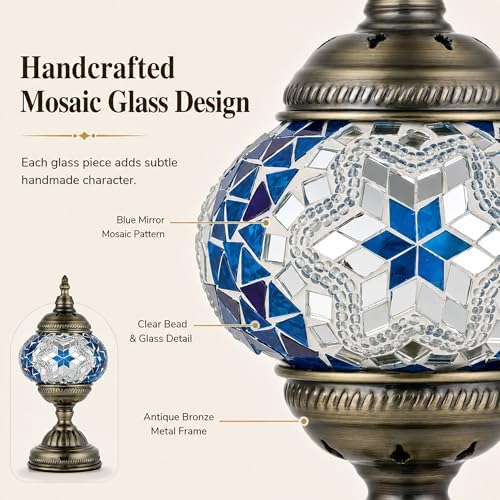 GOGERS Turkish Moroccan Table Lamp Lantern with Handmade Mosaic Glass Lampshade Tiffany Style Bohemian Stained Glass Decorative Desk Lamps Bedside Night Lights for Bedroom (Blue White)