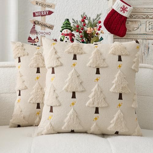 Kevin Textile Christmas Tree Pillow Covers 18x18 Inch Set of 2 Twinkle Golden Star Embroidery Soft Plush Faux Fur Throw Pillowcases for Couch Sofa Holiday Festivals Winter Xmas Gift, Beige
