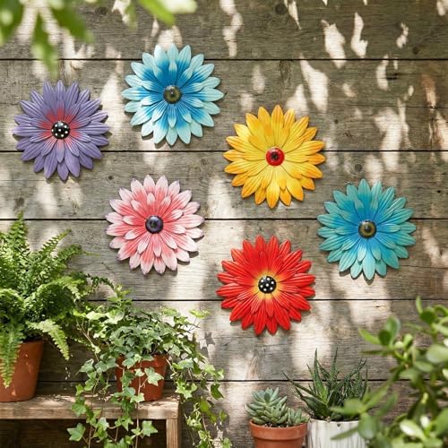 Zhehao 6 Pcs Metal Flower Wall Art Decor 12 Inch Sunflower Wall Decorations Hanging Outdoor Art Multicolored Handmade Metal Flowers Outdoor Decor(Cute Color)