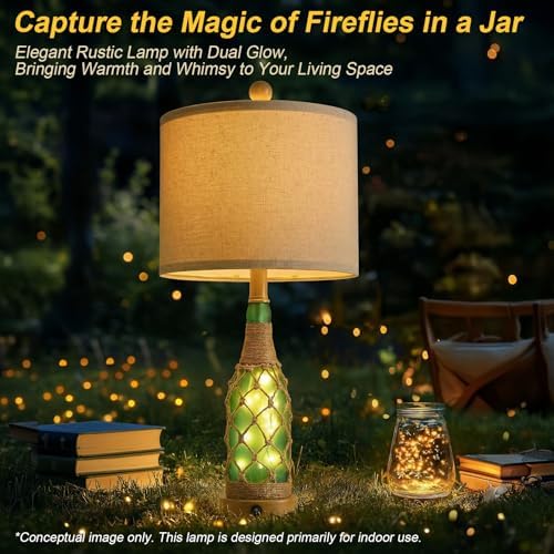 OYEARS 23'' Boho Table Lamps with Night Light for Living Room, Bedside Lamps Set of 2 with A+C Charging Ports for Bedroom, Farmhouse USB Lamps for Nightstand Console, Glass Bottle Rope Base, Green
