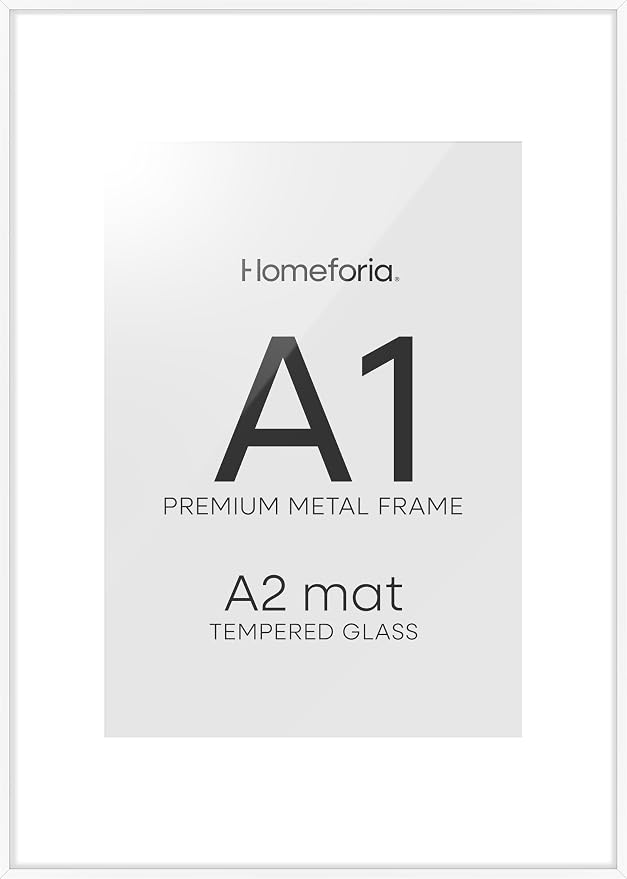 Homeforia A1 White Poster Frame, High-End Metal, A2 Mat, Glass