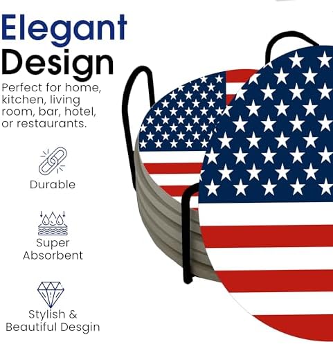 USA American Flag United States Round Coasters Set of 6 - Abosrbent Ceramic with Metal Stand for Drinks, Coffee, Non-Slip Cork Back for Tabletop Protection, 4 Inches (Old Glory)