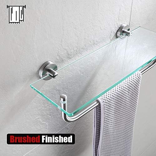 JQK Bathroom Glass Shelf, Shelf with 15 Inch Towel Bar Tempered Glass Shower Storage 16 by 5 inches, 304 Stainless Steel Brushed Finish Wall Mount, TGS100-BN