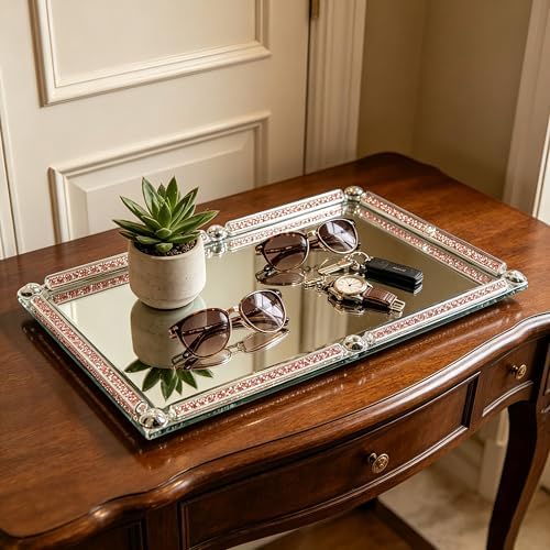 Large Mirror Perfume Tray for Dresser,Pink Crushed Diamond Filled