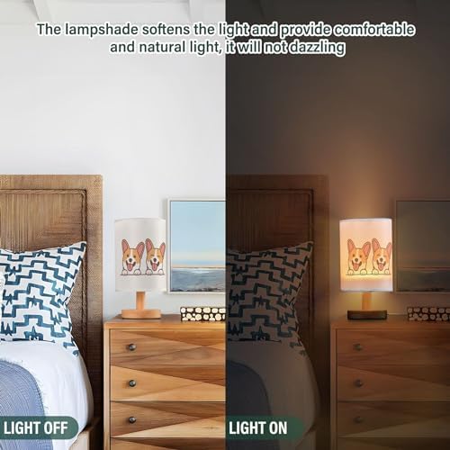 Table Lamp Cute Corgi Dog Smiling Cartoon Animal Nightstand Lamp with Wood Base Fabric Lamp Shade Bedside Desk Lamp for Living Room Bedroom Kids Room Office
