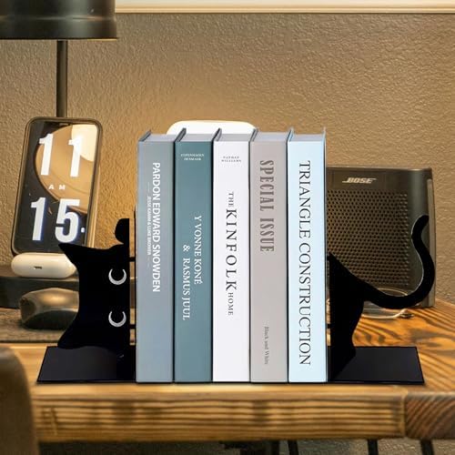 Book Ends Decorative,ENCIMART Book Ends,Metal Bookends,Book Holders for Shelves,Office Decorative Bookends,1.5mm Thickened Book Ends,Bedroom Library Office School Book Desktop Organizer Gift（Cat）