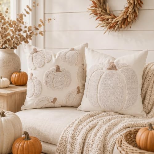 GEEORY Fall Tufted Pumpkin Pillow Covers Set of 2 18x18, Farmhouse Beige