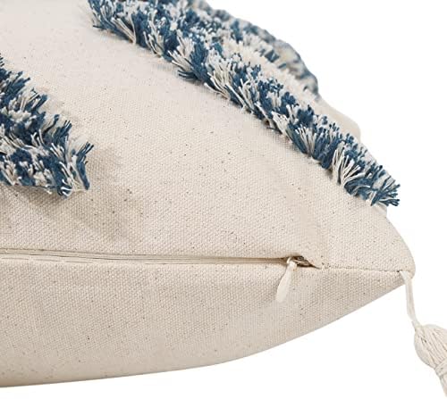 JASEN Blue and Beige Boho Decorative Throw Pillow Cover, Woven Tufted Pillow Cover with Tassels Diamond Pattern Pillow Covers 18x18 for Couch Sofa Bedroom Living Room(No Pillow Insert