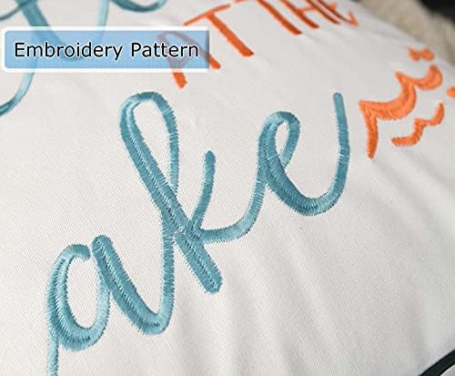 Embroidered Life is Better At The Lake Throw Pillow Cover,Square 18 inches Decorative Canvas Pillow Cover with Life is Better At The Lake Pattern,Cover Only