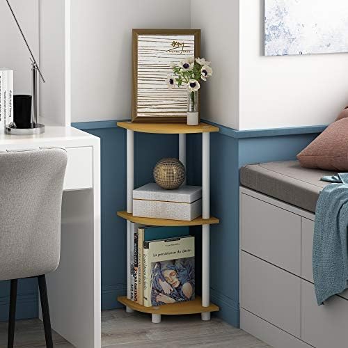Furinno TURN-N-TUBE Corner Shelf, 3-Tier Corner Bookshelf, Display Storage Shelves with Open Shelves, for Organization and Storage, Living Room, Home Office, Garage, Beech