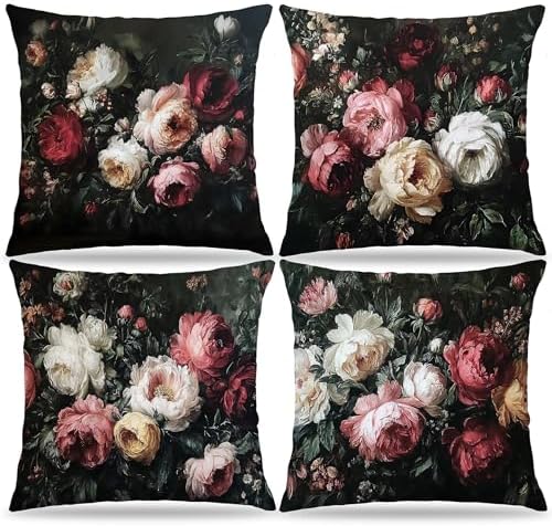 Vintage Moody Dark Antique Vintage Floral Pillow Cover 18x18 Set of 4 Double-Sided, Rustic Gothic Moody Flower Botanical Decorative Throw Pillow Cover for Home Bedroom Living Room