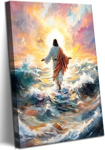 KYHDCJUB Jesus Walking On Water Wall Art Christian Spiritual Painting Wall Decor Jesus Christian Picture Prints Religious Prints Artwork for Living Room Bedroom Church Decor 12x16 Inch Ready to Hang