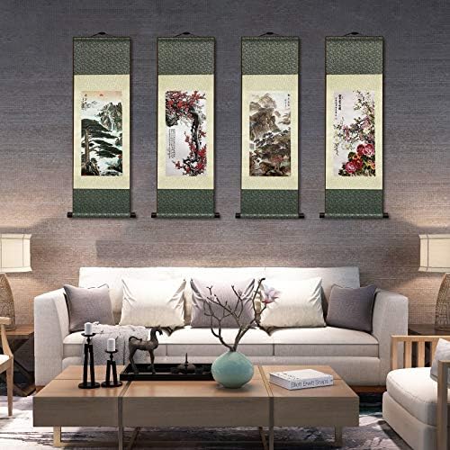 AtfArt Asian Wall Decor - Beautiful Silk Scroll Painting of Waterfall River Landscape - Mountain Spring Autumn Color Oriental Decor Chinese Art Wall Scroll Hanging (36.2 x 12 in)