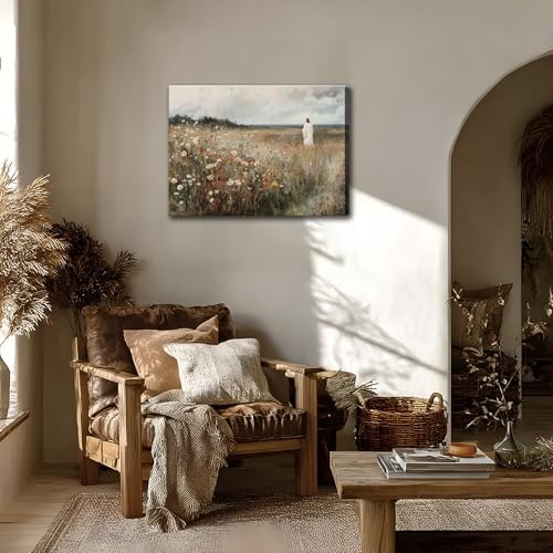 KYHDCJUB Jesus Leaves the 99 Sheep Wall Art Jesus Wall Art Christian Canvas Painting Religious Faith Picture Prints Christian Wildflowers Artwork for Living Room Bedroom Church 16x24 Inch