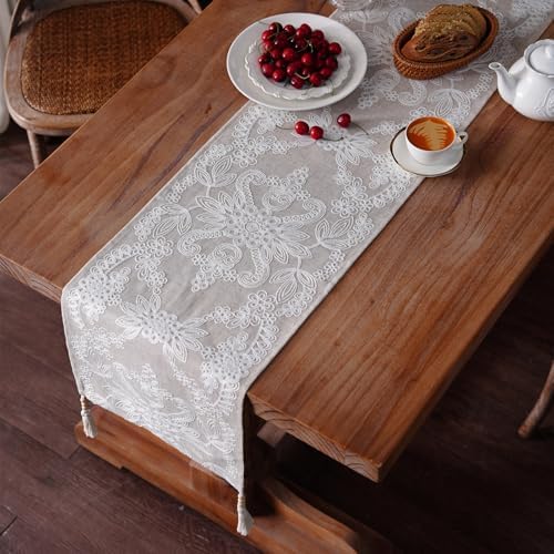 Embroidered Table Runner Boho Farmhouse Dresser Scarf, 14" x 38"