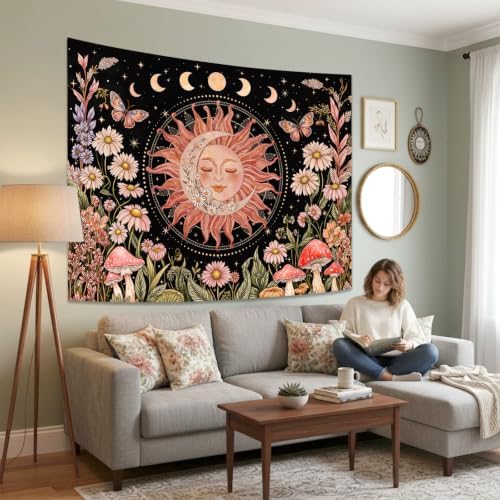 Accnicc Vintage Sun and Moon Boho Hippie Floral Tapestry 80x60 Inch