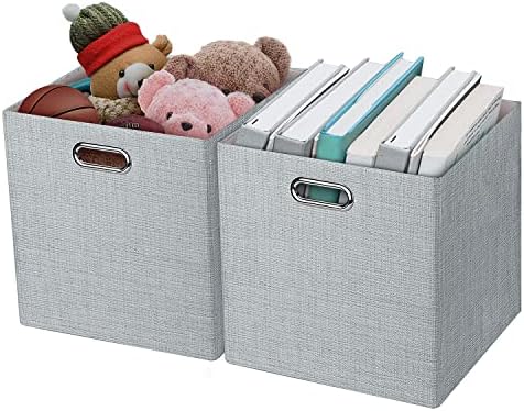 Thicker Fabric Storage Cubes 13 inch Collapsible Storage Bins for Organization, Cubby Storage Boxes for Organizing Shelf Cabinet Bookcase, 2pcs, Sliver Grey