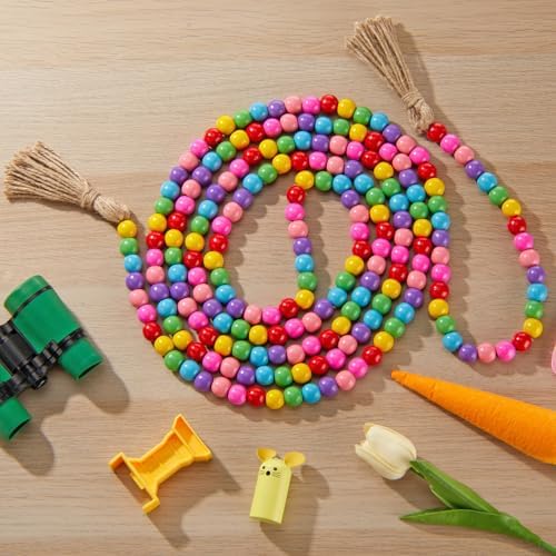 Equsion Rustic Wood Bead Garland with Tassel Farmhouse,Candy Colors